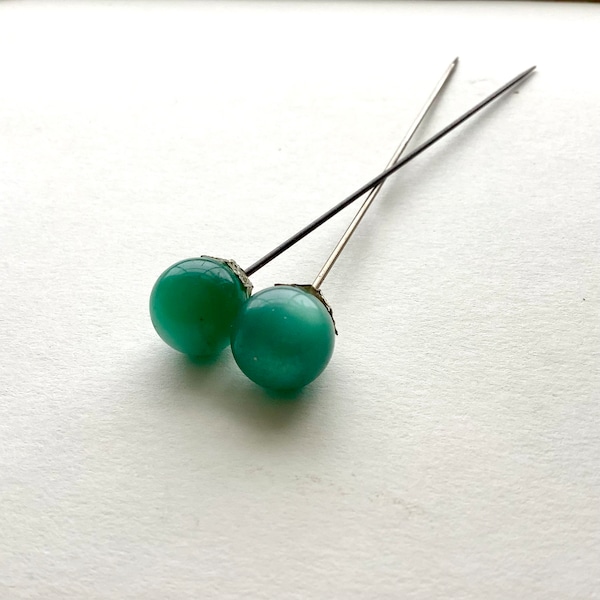 Antique Hat Pins Set of 2 Green Chatoyant Cat’s Eye Chrysoberyl, 4” Long Millinery Hatpins