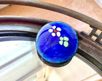 Copper Enamel Floral Brooch 1960s Round Cobalt Blue Pin