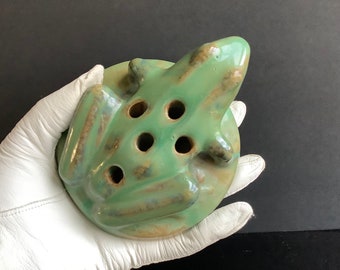 Fulper Green Flower Frog, Vintage Art Pottery, 5 Holes