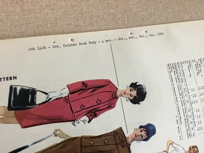 Puede incluir: Una ilustraci&oacute;n de patr&oacute;n de costura vintage que muestra un conjunto de chaqueta y falda roja con un bolso negro, junto a un conjunto de chaqueta y falda marr&oacute;n. El texto incluye Job 1426 - Oct. Counter Book Body - 4 mos. - Oct., Nov., Dec., Jan. 1961.