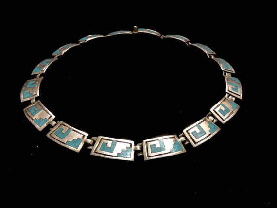 Turquoise Inlay Necklace, Sterling Silver Boho EAB Taxco Mexico Collar Ethnic Tribal