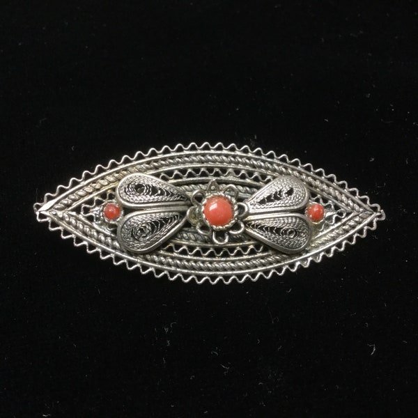 Etruscan Revival Filigree Pin Red Coral Navette Brooch