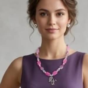 925 Sterling Silver Balloon Seller Pendant Necklace Set, Natural Pink Agate Gemstone Choker, Romantic Heart Balloons Charm Jewelry Gift
