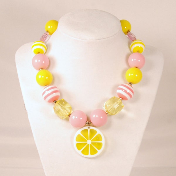 Girls Boutique Jewelry Gumball Necklace Pink and yellow Lemon Fruit Slice Chunky Beaded Necklace Flower Necklace