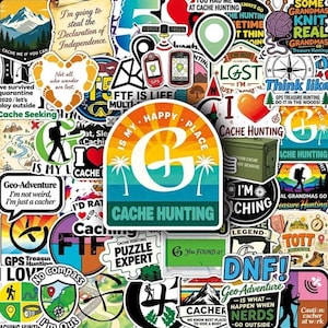 May include: A collection of colorful vinyl stickers featuring various geocaching themes, including compasses, maps, GPS devices, and text such as Cache Hunting, I'm Not Lost, and Puzzle Expert, arranged in a dense, overlapping collage pattern.