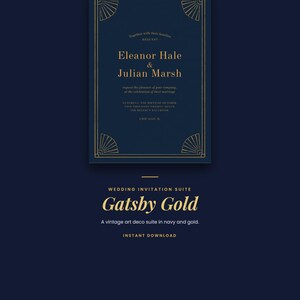 May include: A rectangular wedding invitation card in navy blue with gold foil accents. The design features geometric fan motifs in the corners and centered text reading Eleanor Hale & Julian Marsh, along with event details and date information.