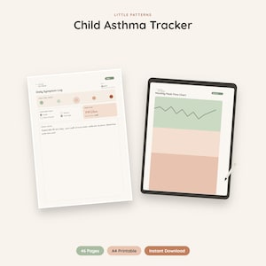 May include: A digital Child Asthma Tracker set featuring a printed Daily Symptom Log and a tablet displaying a Monthly Peak Flow Chart. The documents use a soft color palette of sage green, peach, and cream with clear headings and sections.