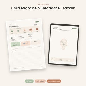 Könnte beinhalten: Ein digitaler Migräne- und Kopfschmerztagebuch-Planer für Kinder mit einem täglichen Symptomprotokoll inklusive Stimmungssymbolen und Checkboxen sowie einem Tablet, das ein Diagramm eines Gesichts zur Schmerzlokalisation zeigt.