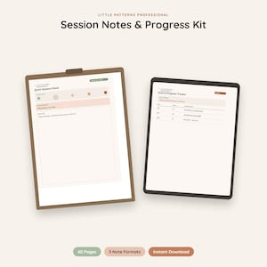 May include: A Session Notes & Progress Kit featuring a brown clipboard with a Quick Session Check form and a tablet displaying a Goal & Progress Tracker. Below are three oval labels reading 60 Pages, 3 Note Formats, and Instant Download.