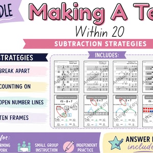 Può includere: Un pacchetto educativo digitale intitolato Making A Ten Within 20 Subtraction Strategies. Presenta quattro metodi: Break Apart, Counting On, Open Number Lines e Ten Frames, con fogli di lavoro per problemi di sottrazione e chiavi di risposta incluse.