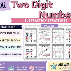 Può includere: Un pacchetto educativo digitale intitolato BUNDLE Two Digit Numbers SUBTRACTION STRATEGIES. Mostra quattro metodi: forma estesa, blocchi in base dieci, retta numerica aperta e algoritmo standard, con otto schede di esempio e chiavi di risposta.