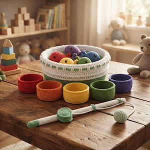 May include: A crochet fishing toy set featuring a white and green basket filled with small colorful fish, five matching crochet bowls in red, orange, yellow, green, and purple, and a long white and green crochet fishing rod with a small ball lure.