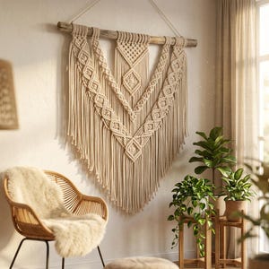 May include: A large cream-coloured macrame wall hanging suspended from a horizontal piece of driftwood. The textile art features intricate knotted patterns arranged in a V-shape, with long, loose fringe hanging from the bottom edge of the cords.