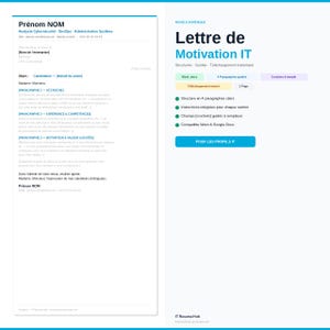 Peut inclure: Un modèle numérique de lettre de motivation IT présentant une mise en page structurée avec des espaces réservés pour les informations personnelles, l'expérience et la motivation. Le document inclut du texte en français, une icône Word et un bouton bleu.