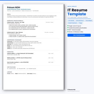 Peut inclure: Un modèle de CV informatique numérique présentant une mise en page à colonne unique avec des sections pour le profil, l'expérience professionnelle, les compétences techniques, la formation, les certifications et les langues.