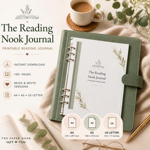 Pode incluir: Um diário de argolas verde-sálvia intitulado The Reading Nook Journal com uma capa branca com ilustrações botânicas. O diário é apresentado com opções de tamanho A4, A5 e US Letter, medindo 210 x 297 mm e 148 x 210 mm.