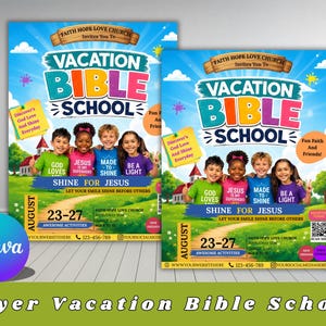 May include: A promotional flyer for Vacation Bible School featuring four children in colorful shirts standing on a path. The text reads Faith Hope Love Church, Vacation Bible School, Shine for Jesus, August 23-27, and includes contact details.