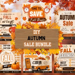 Könnte beinhalten: Ein digitales Marketing-Paket mit mehreren quadratischen Vorlagen mit Herbstmotiven, orangefarbenen Kürbissen und Herbstlaub. Das zentrale Holzschild zeigt den Text DIY AUTUMN SALE BUNDLE, umgeben von verschiedenen Werbegrafiken.