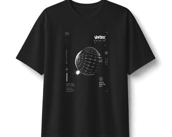 T-shirt Vertex Digital Globe Graphic / T-shirt streetwear minimalista / Maglietta nera oversize unisex