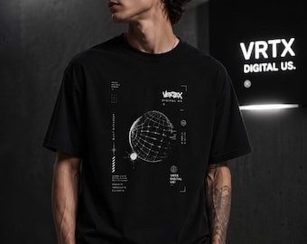 T-shirt Vertex Digital Globe Graphic / T-shirt streetwear minimalista / Maglietta nera oversize unisex
