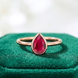 Pear Ruby Engagement Ring, Bezel Set Rose Gold, Minimalist Teardrop Solitaire Promise Ring