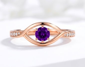 Anello in oro rosa con ametista e occhio di Allah, taglio rotondo da 5 mm, pietra portafortuna di febbraio, regalo protettivo.