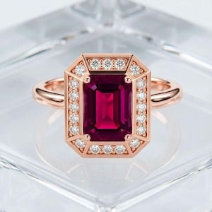 Art-Deco-Rubin-Halo-Ring: Achteckiger Schliff, Roségold, Sterlingsilber (Geburtsstein Juli)