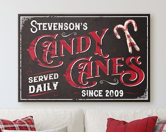Candy Canes / Personalized Family Name / Christmas Rustic Vintage Old Fashioned Farmhouse Holiday Decorations | Canvas Print, Poster