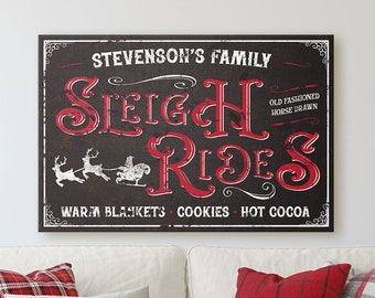 Sleigh Rides / Personalized Family Name / Christmas Rustic Vintage Old Fashioned Farmhouse Holiday Decorations | Canvas Print, Poster