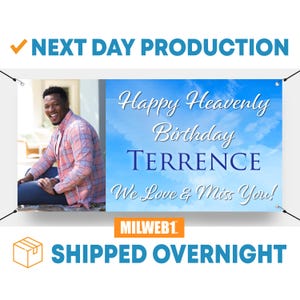 May include: A banner with a blue sky background and white clouds. The banner has the text "Happy Heavenly Birthday TERRENCE We Love & Miss You!" in white lettering. A photo of a man is in the upper left corner of the banner.