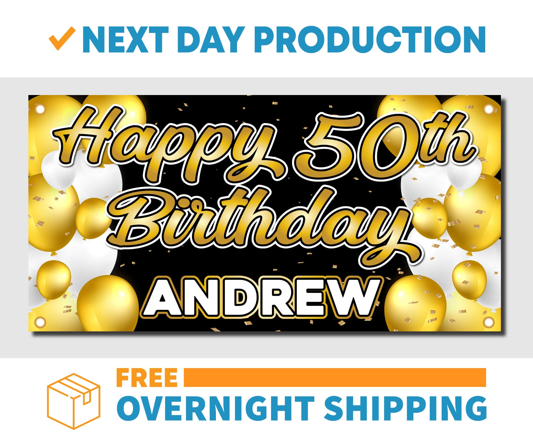50th Birthday Custom Personalized Adult Age Name Confetti Gold/Silver - Vinyl Banner - Sign - Free Overnight Shipping