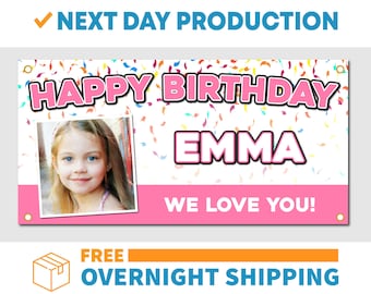 Happy Birthday With Picture Blue/Pink Vinyl Banner - Free Overnight Shipping