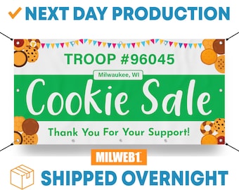 May include: A green and white banner with the text "TROOP #96045 Milwaukee, WI Cookie Sale Thank You For Your Support!" and images of cookies. The banner has a white background with a green stripe in the middle. The text is in black and the cookies are in brown, yellow, and orange.