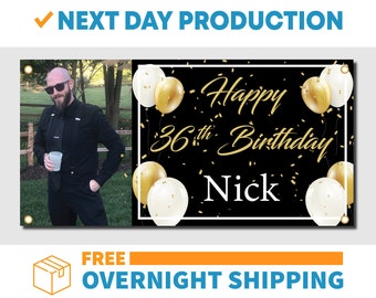 Birthday Personalized / Custom Name & Age / Gold with Black - Vinyl Banner - Sign - Free Overnight Shipping