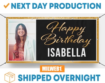 Custom Happy Birthday Banner Personalized Birthday Banner With Picture Gold Black Sign - Free Overnight Shipping