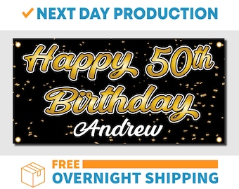 50th Birthday Custom Personalized Adult Age Name Confetti Gold/Silver - Vinyl Banner - Sign - Free Overnight Shipping