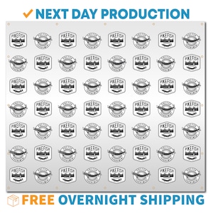 May include: A white backdrop with a repeating pattern of black and white logos that say "Pike Fish Tournament". The logo features a stylized fish with a sunburst behind it.