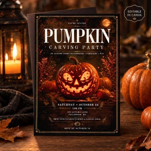 May include: A rectangular invitation card for a Pumpkin Carving Party featuring a glowing jack-o'-lantern, autumn foliage, and text details including Saturday, October 24, 7:00 PM, 123 Autumn Lane, Fallbrook, MA, and RSVP by October 18.
