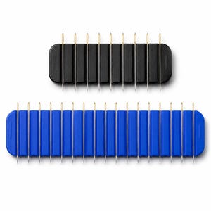 May include: Two rectangular needle organizers with rounded corners. The top organizer is black and holds ten silver needles with gold eyes. The bottom organizer is blue and holds twenty silver needles with gold eyes, arranged in a single row.