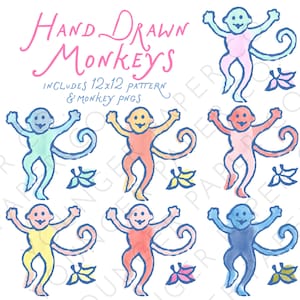 Puede incluir: Un conjunto gráfico digital que presenta el texto Hand Drawn Monkeys Includes 12x12 Pattern & Monkey PNGs en letra cursiva rosa. Debajo hay siete ilustraciones de monos estilizados en varios colores, incluyendo azul, amarillo, naranja y rosa, cada uno acompañado de un pequeño icono de hoja.