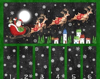 May include: A black and white advent calendar with a green border. The calendar has 23 numbered windows, each with a snowflake design. The top of the calendar features a scene of Santa Claus in a sleigh pulled by reindeer flying through a snowy night sky.