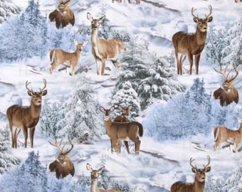 North American Wildlife Deer Snow White Winter Scenic Cotton Fabric