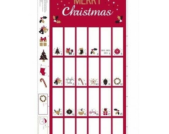 May include: A red and white Christmas advent calendar with 24 numbered squares. Each square has a different Christmas-themed image, such as a bell, a stocking, a candy cane, a star, a wreath, a snowman, and a Santa Claus. The calendar says "Merry Christmas" at the top.
