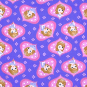 May include: A repeating pattern featuring the character Sofia the First on a purple background. Each Sofia image is framed within a pink, teardrop-shaped design with a white diamond pattern. Small, white floral accents fill the spaces between the Sofia images.