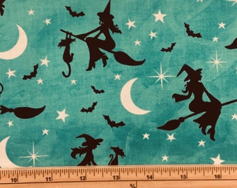 Fat Quarter Spooky Halloween Bewitched Night On Teal 100% Cotton Quilting Fabric