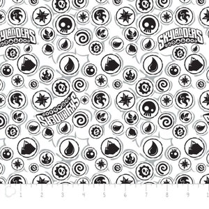 May include: White fabric with a repeating pattern of black and grey circles. The circles contain various symbols, including a skull, a flame, a gear, a drop of water, a mountain, a star, and a swirl. The text "Skylanders" appears in the pattern.