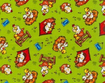May include: A green fabric with a repeating pattern of cartoon chickens in various poses. The chickens are red, yellow, and white. Some chickens are in a red coop, some are in a nest, and some are standing by a fence.