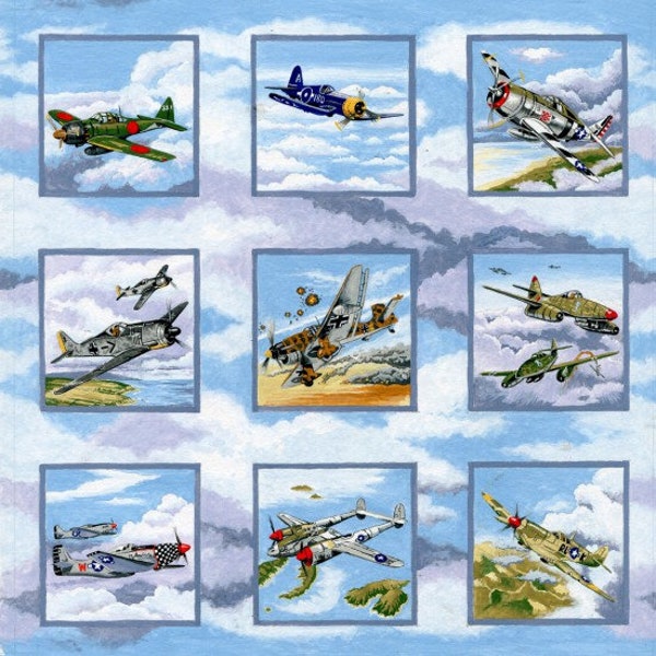 Tissu à courtepointe, panneaux Warbirds WWII, 50 panneaux de 8 cm de côté chacun