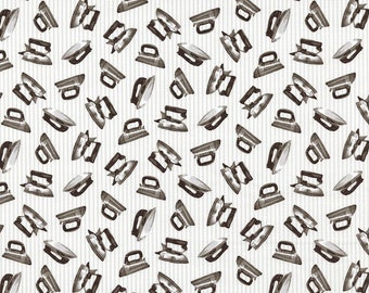 May include: A white background with a repeating pattern of black and white iron illustrations. The irons are in various positions and sizes.