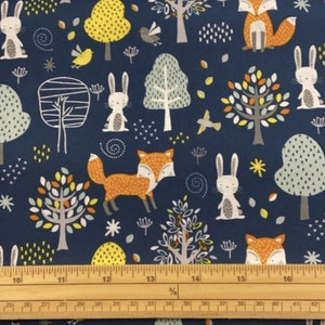 Fat Quarter Woodland Friends Foxes, Bunnies And Trees Blue 100% Cotton Fabric